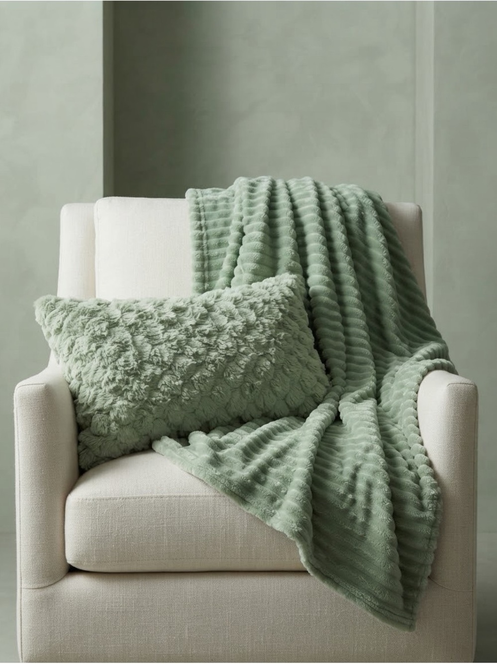Sage Green Cozy Luxe Plush Textured Bedding Set Cocoon Bedroom Romantic Cottage